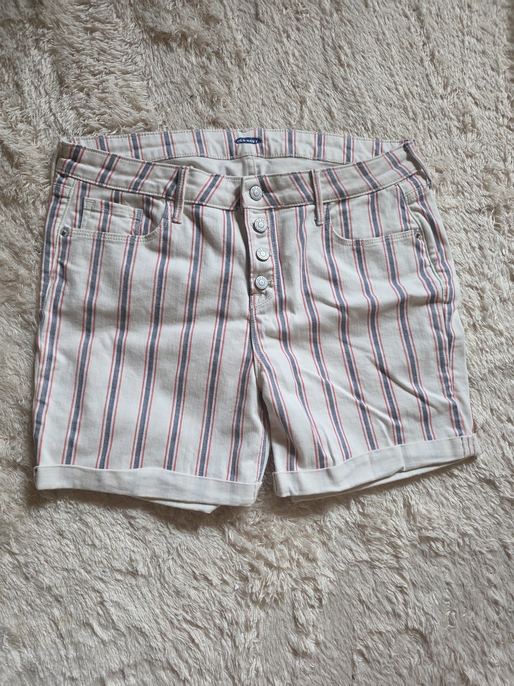 Old Navy Striped Button-Front Jean Shorts - White with Red & Blue Stripes